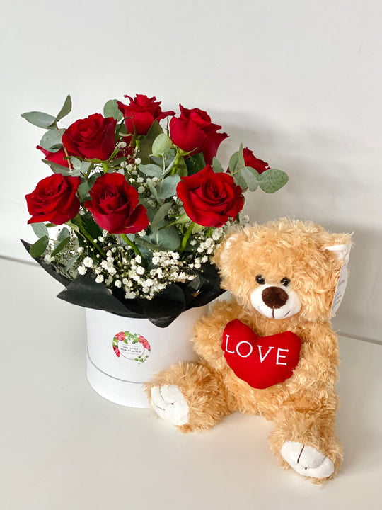 Love heart Bear & Red Rose Hat Box pack shot by The Little Market Bunch in Melbourne.