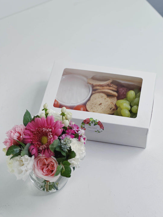 Deli Grazing Box & Flower Jar Bundle shot by The Little Market Bunch in Melbourne.