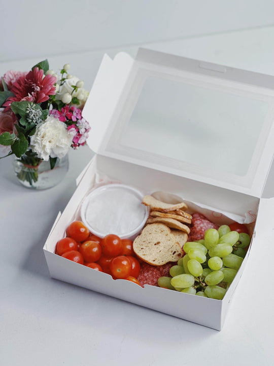 Deli Grazing Box & Flower Jar Bundle shot by The Little Market Bunch in Melbourne.