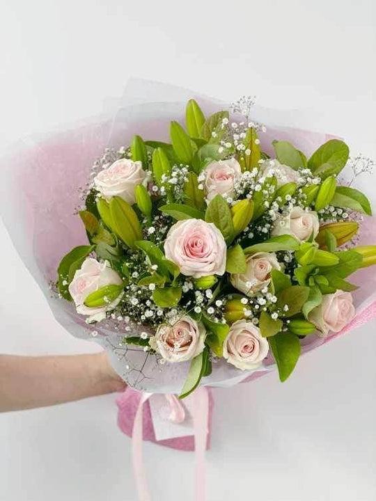 Lilies & Rose Bouquet shot by The Little Market Bunch in Melbourne.