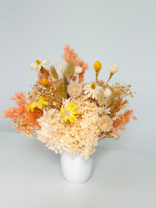 
                  
                    Bouquet of dried flowers in a white vase on a light gray background
                  
                