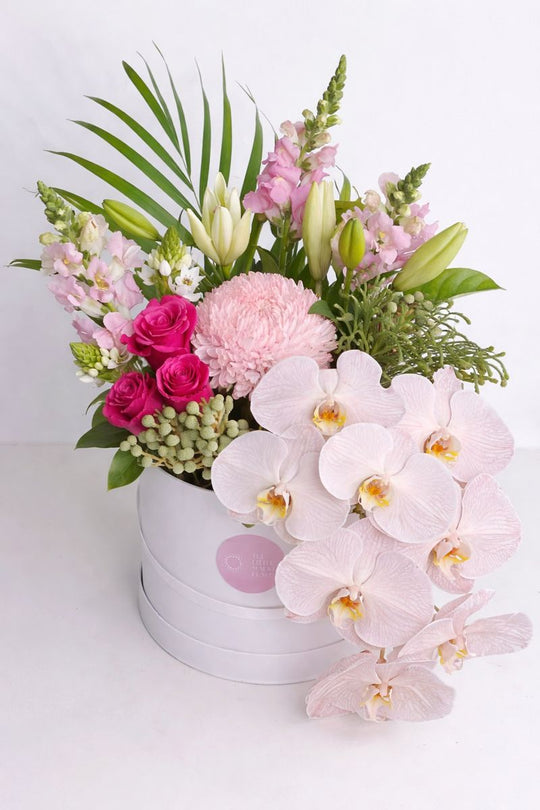 Floral arrangement with pink and white flowers in a white box on a light background