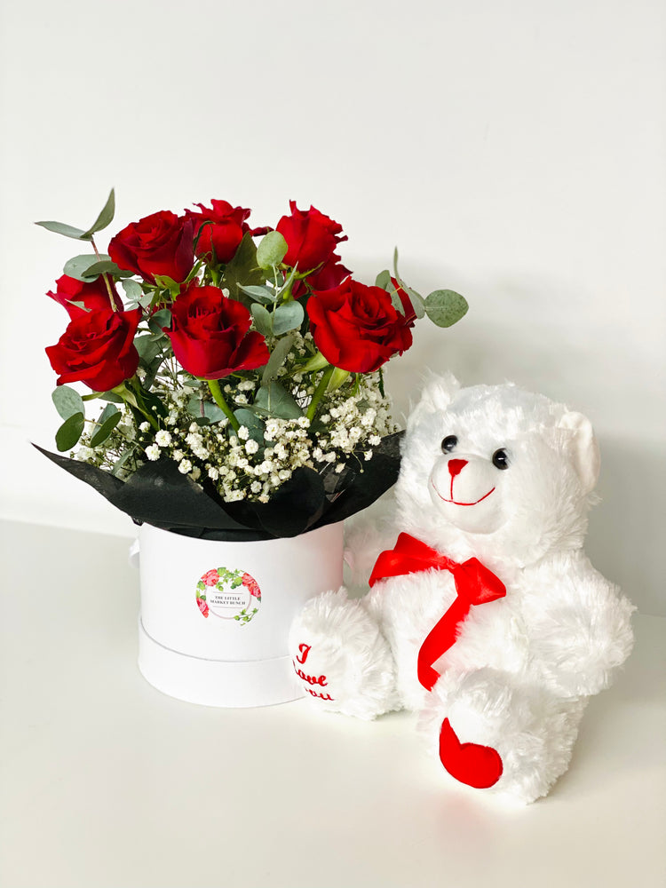 Love heart Bear & Red Rose Hat Box pack shot by The Little Market Bunch in Melbourne.