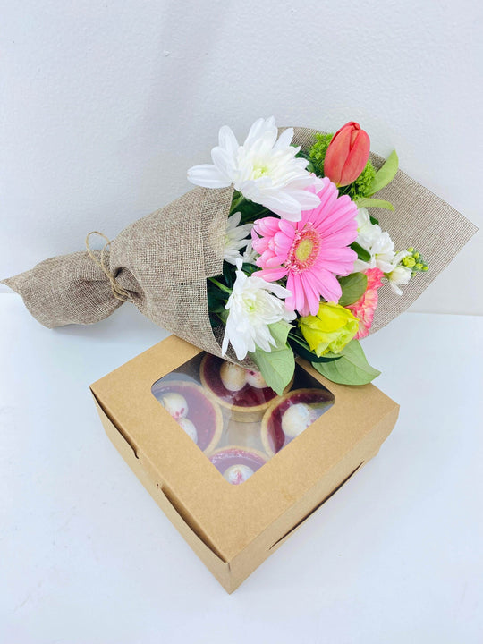 
                  
                    Mosaic French Patisserie Cake & Flower Bundle shot by The Little Market Bunch in Melbourne.
                  
                