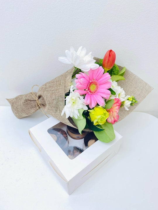 
                  
                    Mosaic French Patisserie Cake & Flower Bundle shot by The Little Market Bunch in Melbourne.
                  
                