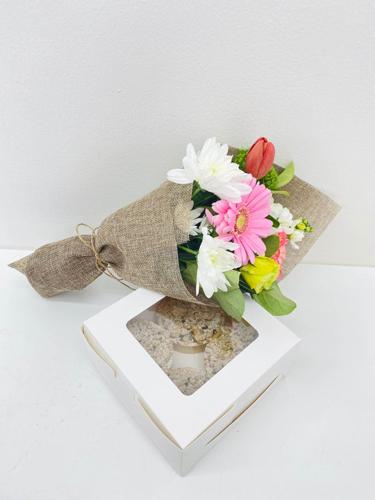 
                  
                    Mosaic French Patisserie Cake & Flower Bundle shot by The Little Market Bunch in Melbourne.
                  
                