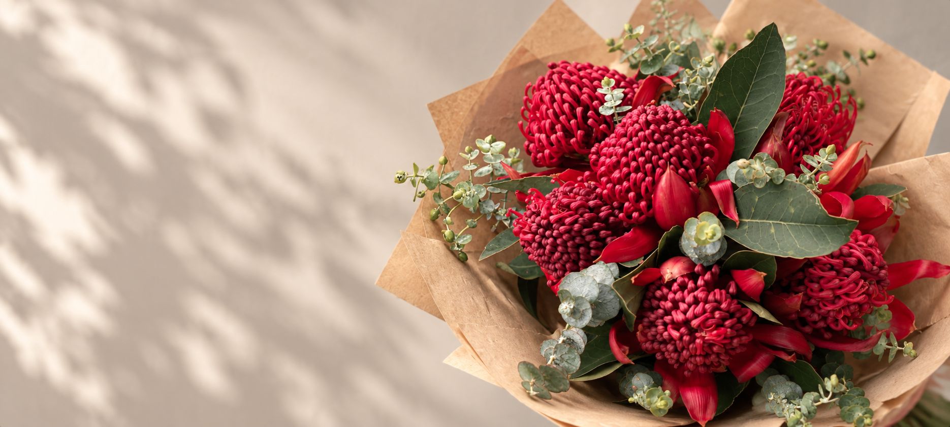 Red waratah flowers wrapping in kraft paper.