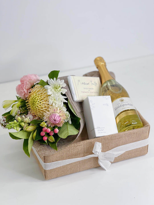 Gold Sparkler Sparkling Wine Gift Box shot by The Little Market Bunch in Melbourne.