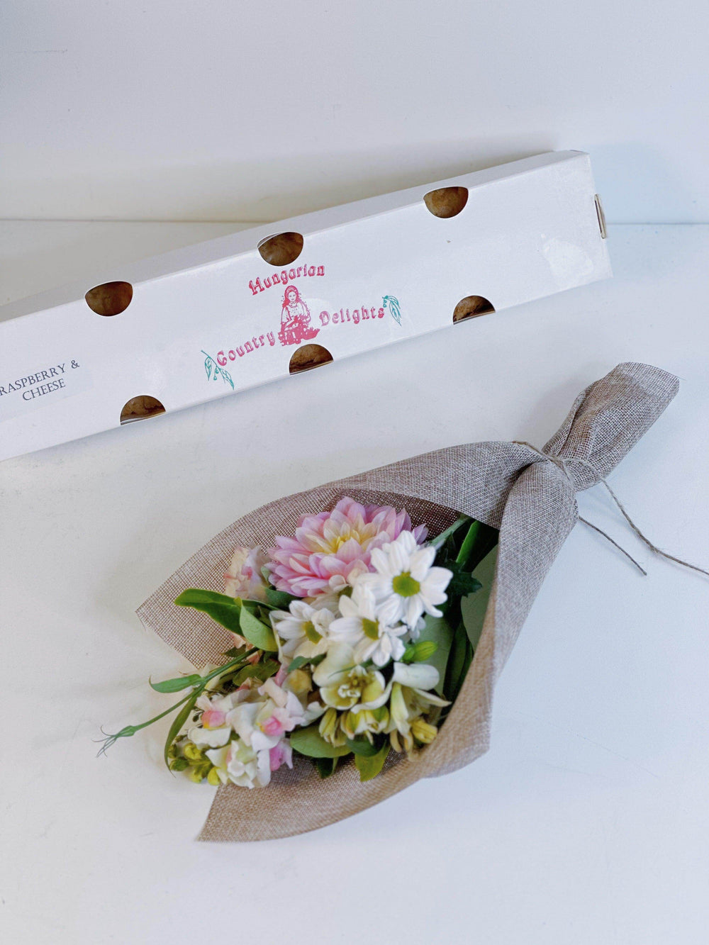 Hungarian Strudel Cheese Cake & Flower Bundle shot by The Little Market Bunch in Melbourne.