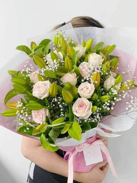 Lilies & Rose Bouquet shot by The Little Market Bunch in Melbourne.